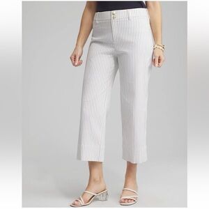 [Chico’s] Blue Pinstripe Trapunto Stretch Wide Leg Crop Pant Gold Crest Buttons